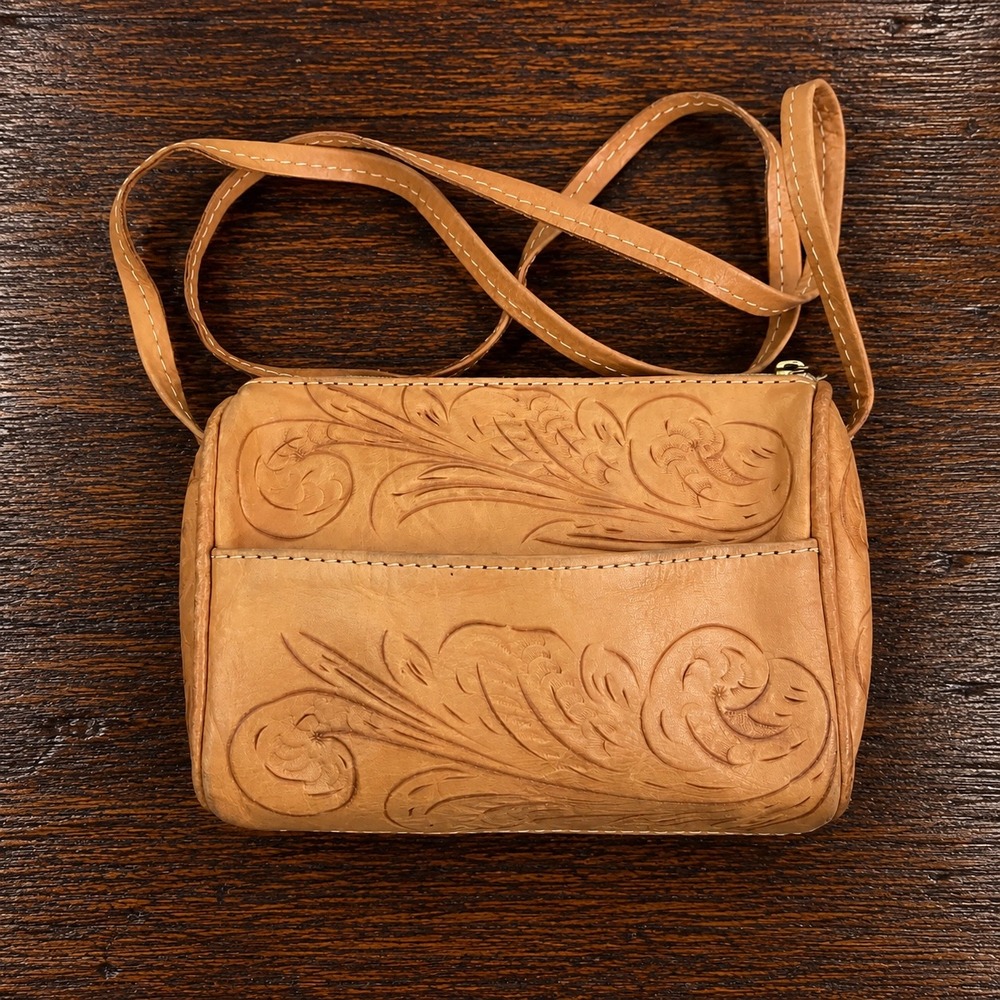 Vintage Hand Tooled Leather Crossbody Bag Floral Western Boho Small Brown Purse